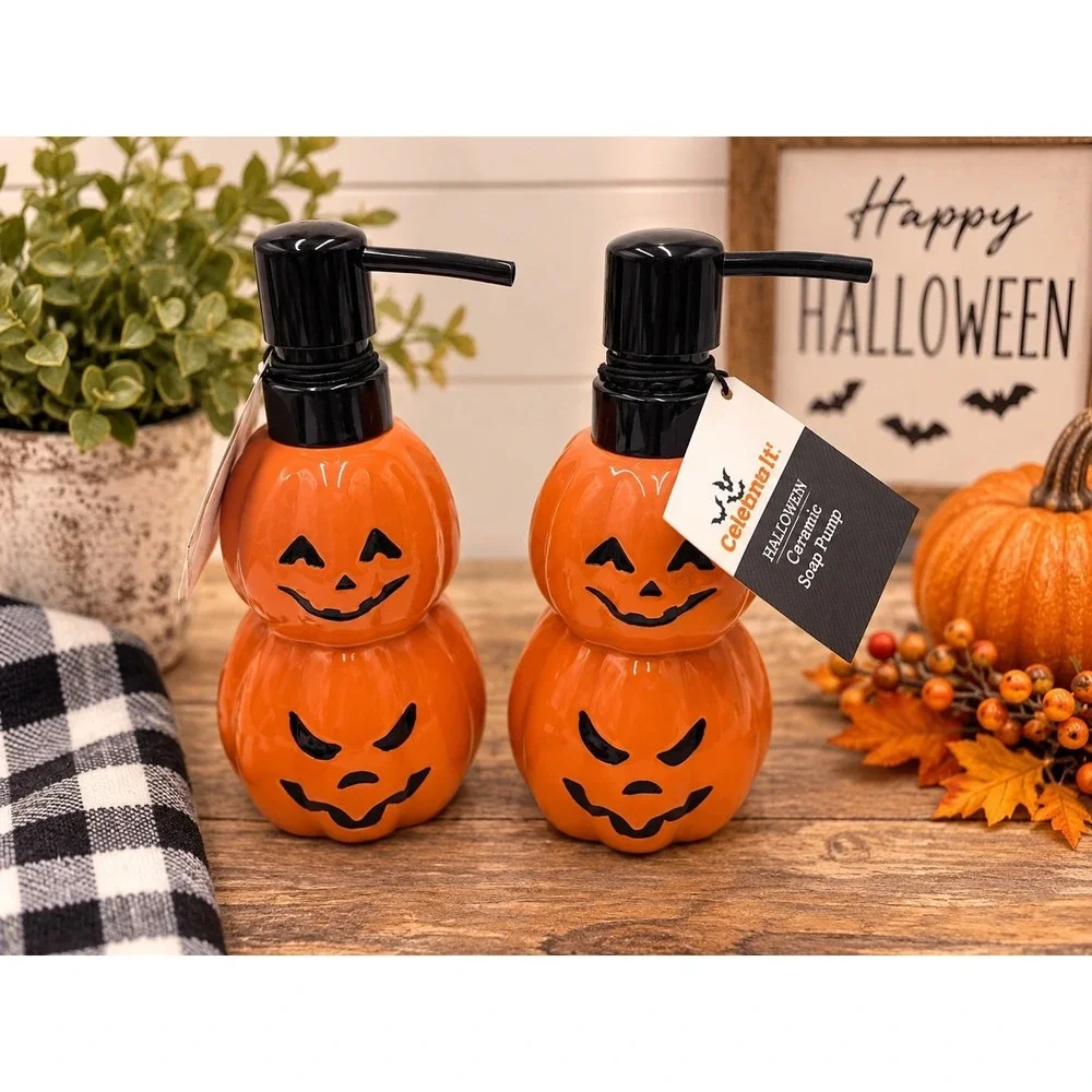 NEW Celebrate It Halloween Ceramic Pumpkin Soap Dispensers 2 Jack O Lantern